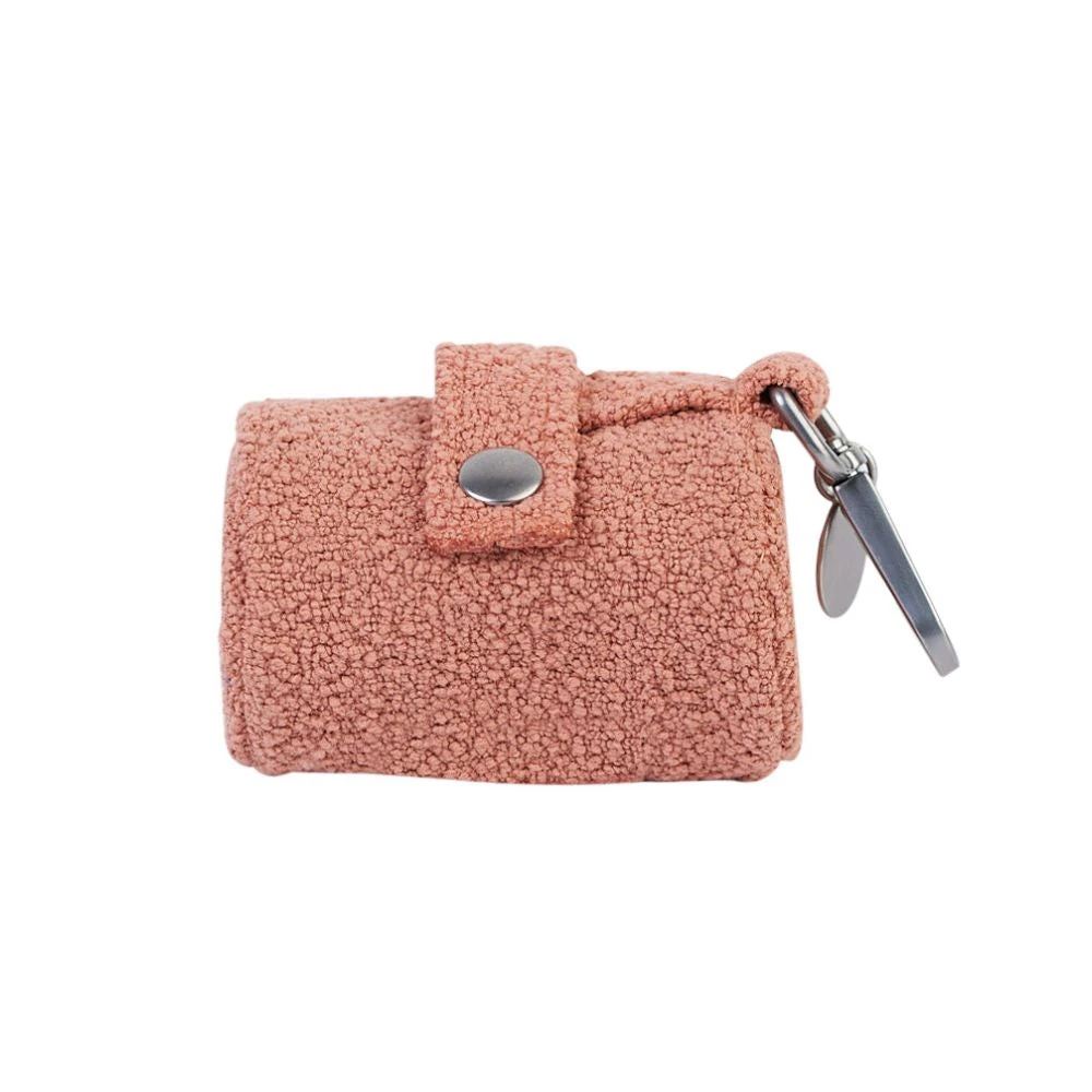 customised pet accessories showing boucle poop bag holder terracotta