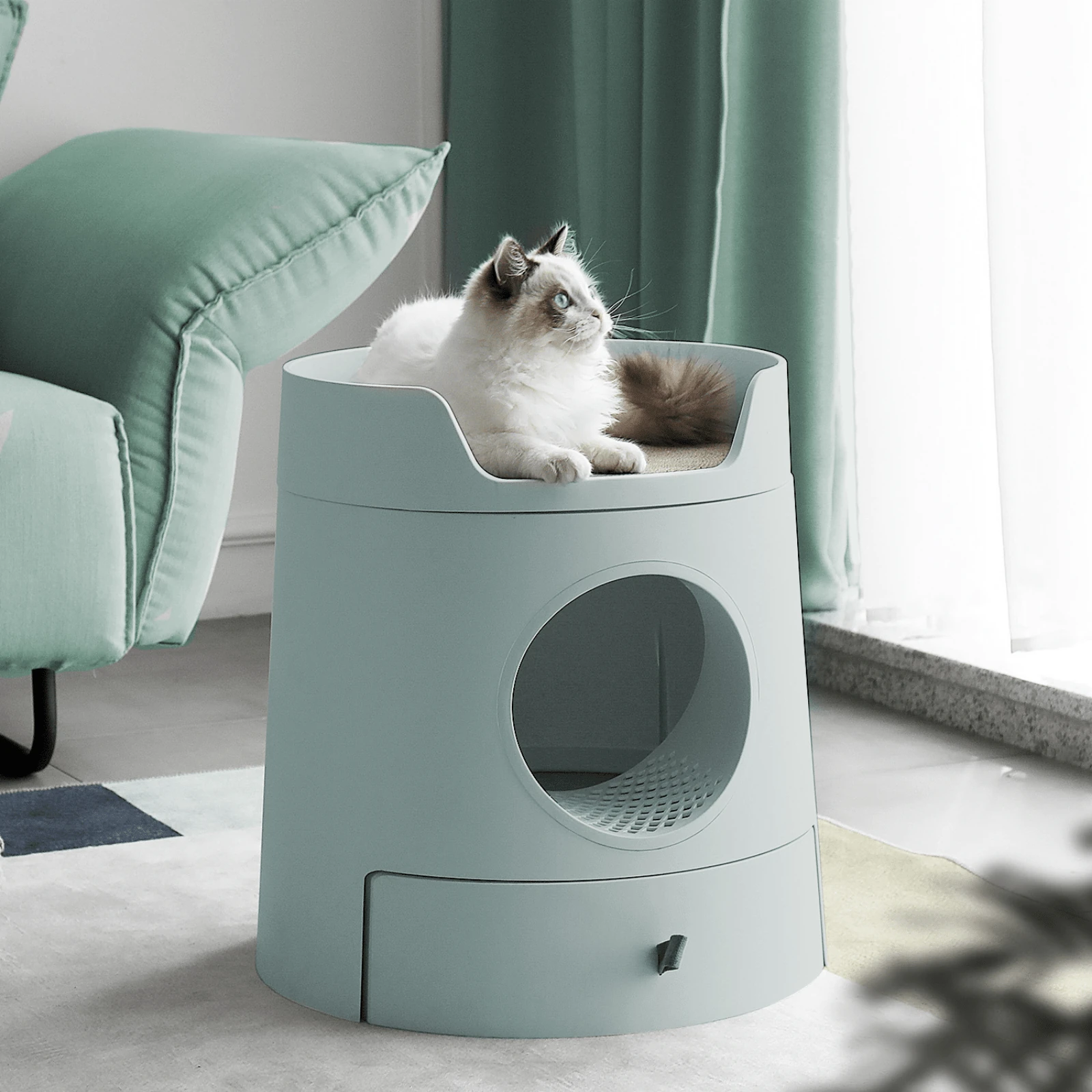 product_image_1761185747.webp Mayitwill Cat Castle Semi Closed Litter Box, Morandi Green - Image 1
